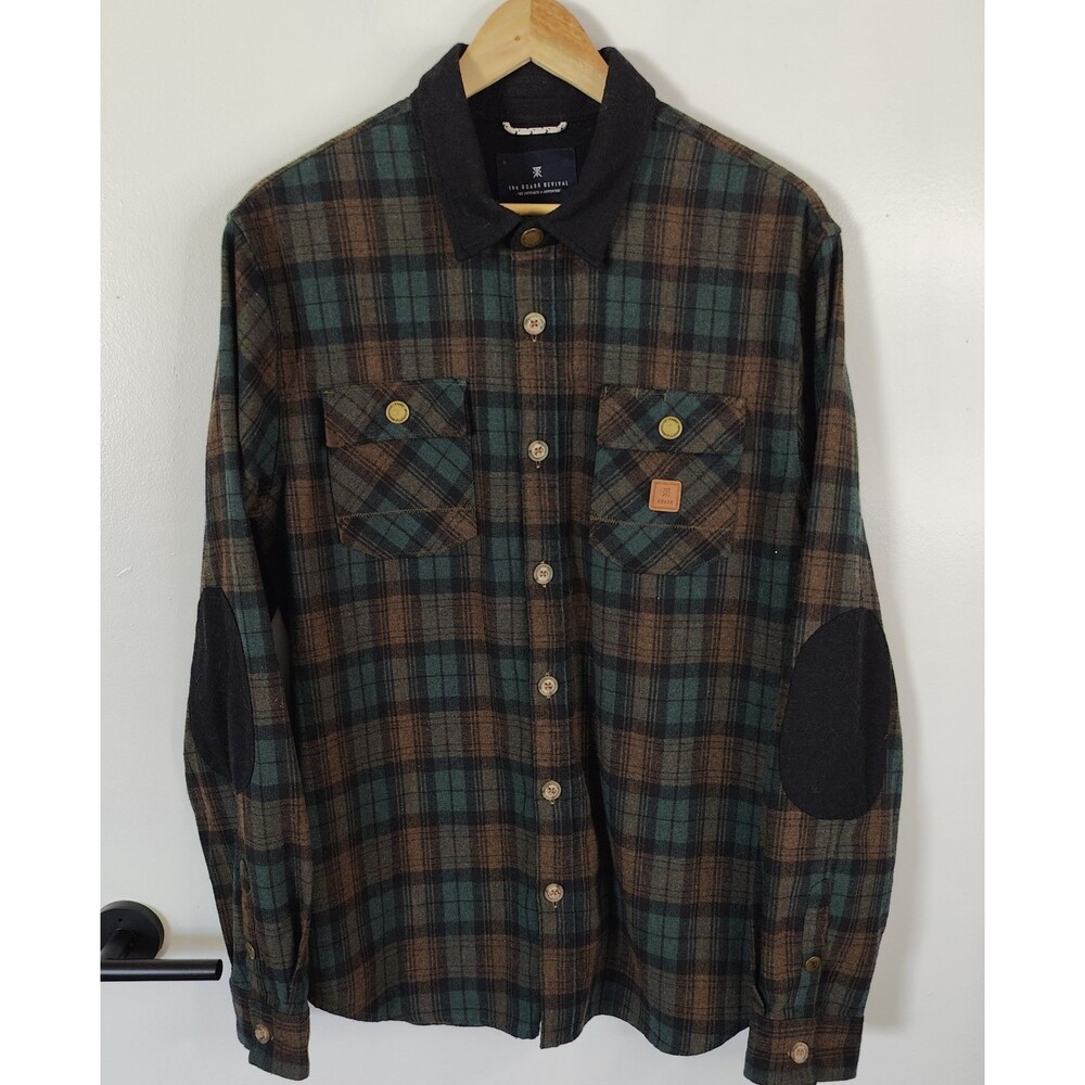 Roark Shirt Mens Large Nordsman Flannel Plaid Elbow Patch Wool Blend Overshirt